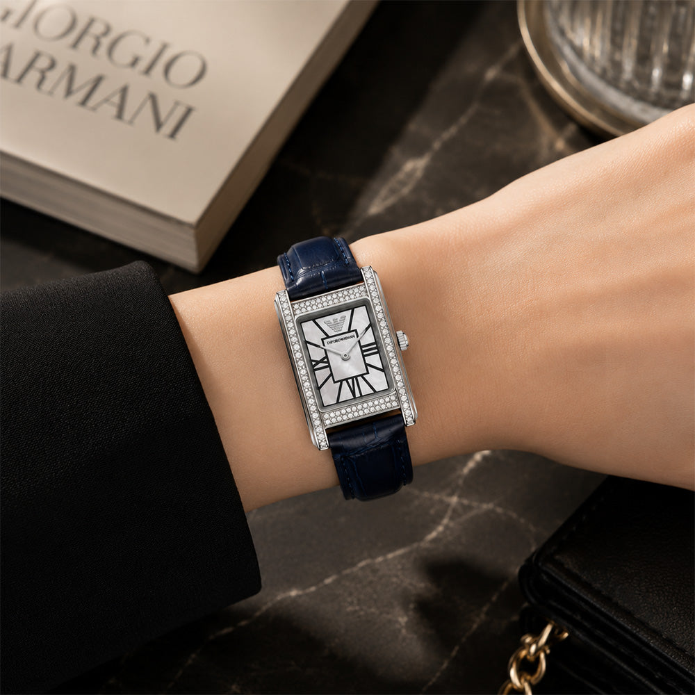 Emporio Armani Genni White Dial Blue Leather Strap Watch for Women - AR11718