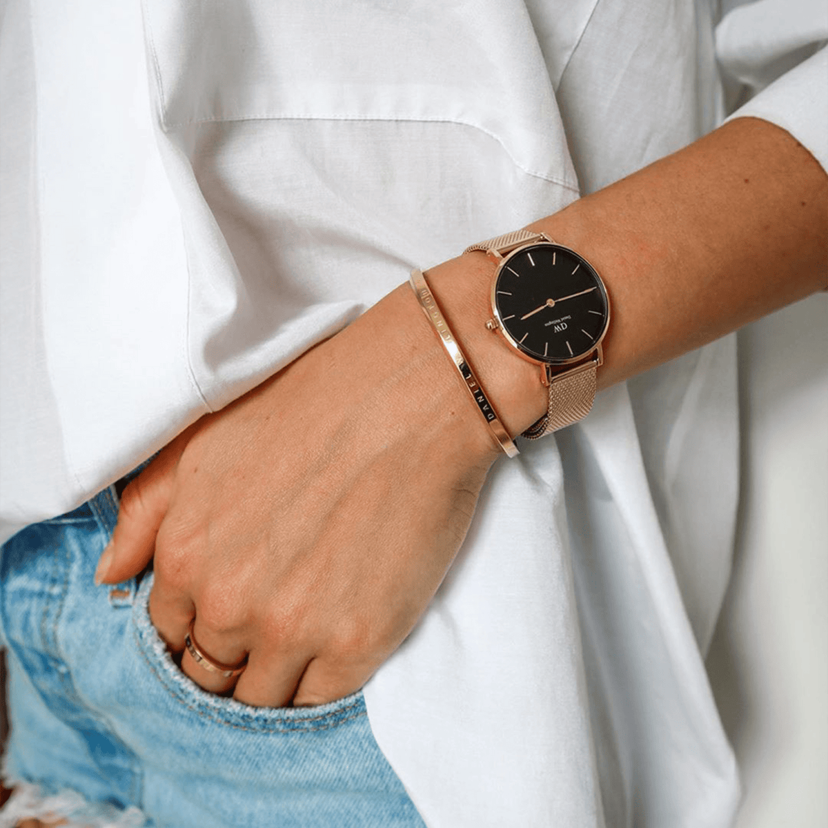 Daniel Wellington Classic Petite Black Dial Gold Mesh Bracelet Watch For Women - DW00100347