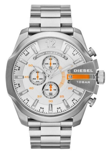 Diesel Mega Chief Chronograph White Dial Silver Steel Strap Watch For Men - DZ4328