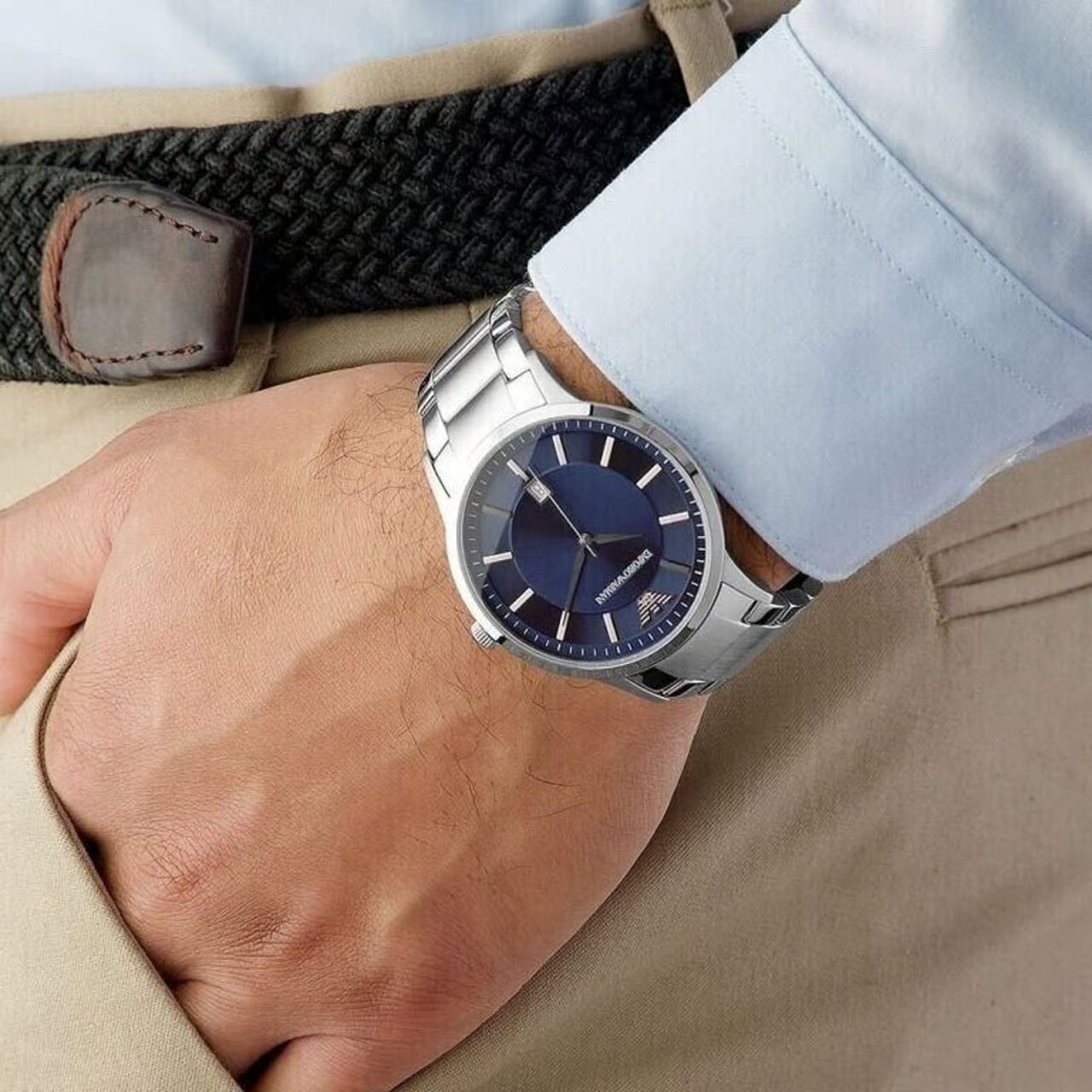 Emporio Armani Renato Blue Dial Silver Steel Strap Watch for Men - AR11180