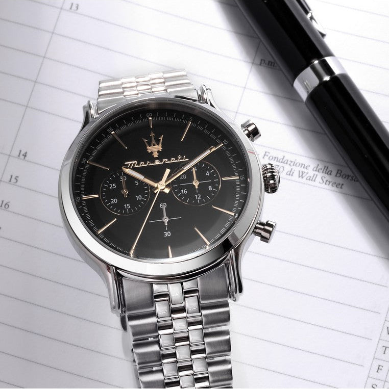 Maserati Epoca Chronograph Black Dial Silver Steel Strap Watch For Men - R8873618017