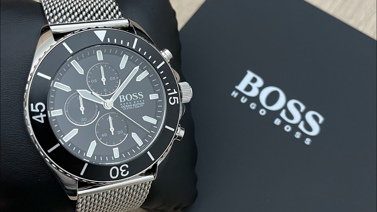 Hugo Boss Ocean Edition Black Dial Silver Mesh Bracelet Watch for Men - 1513701