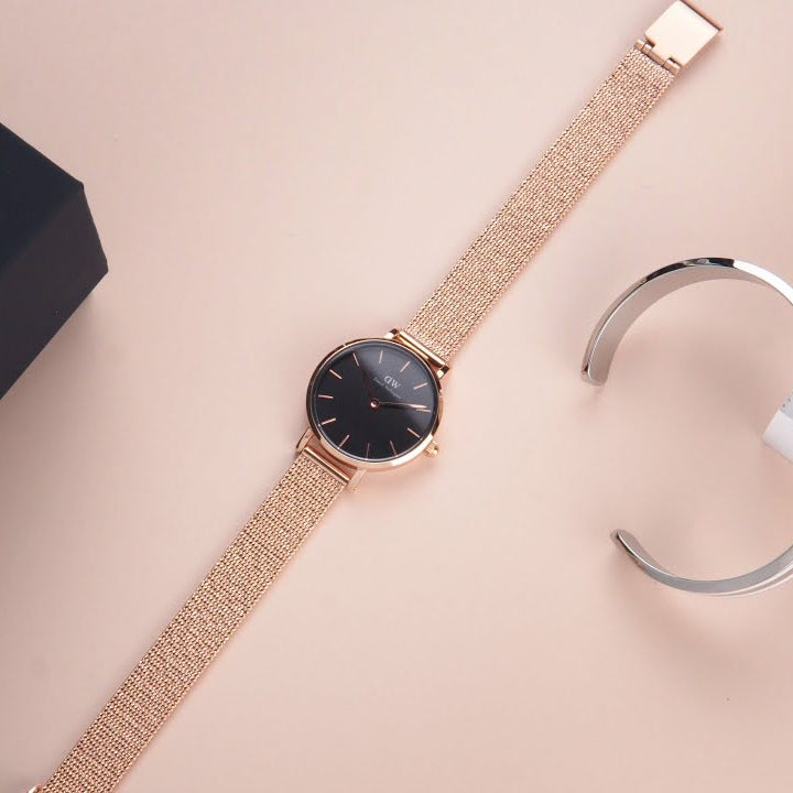 Daniel Wellington Petite Pressed Melrose Black Dial Rose Gold Mesh Strap Watch For Women - DW00100440