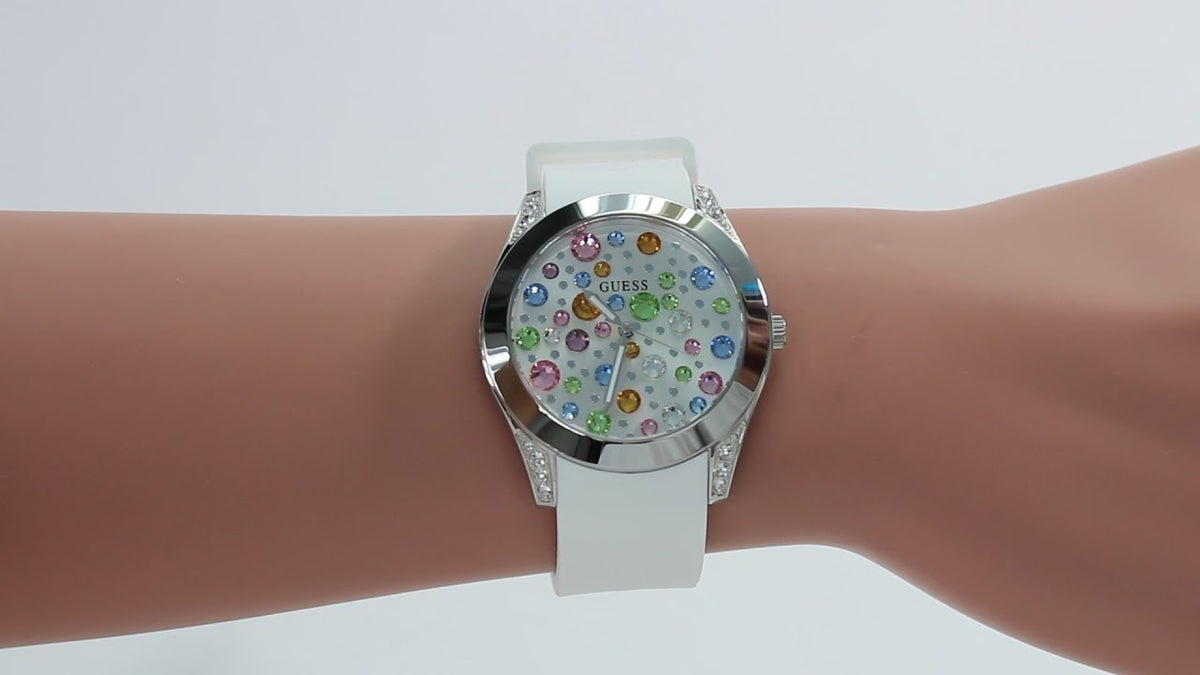 Guess Wanderlust Crystals Silver Dial White Rubber Strap Watch for Women - W1059L1
