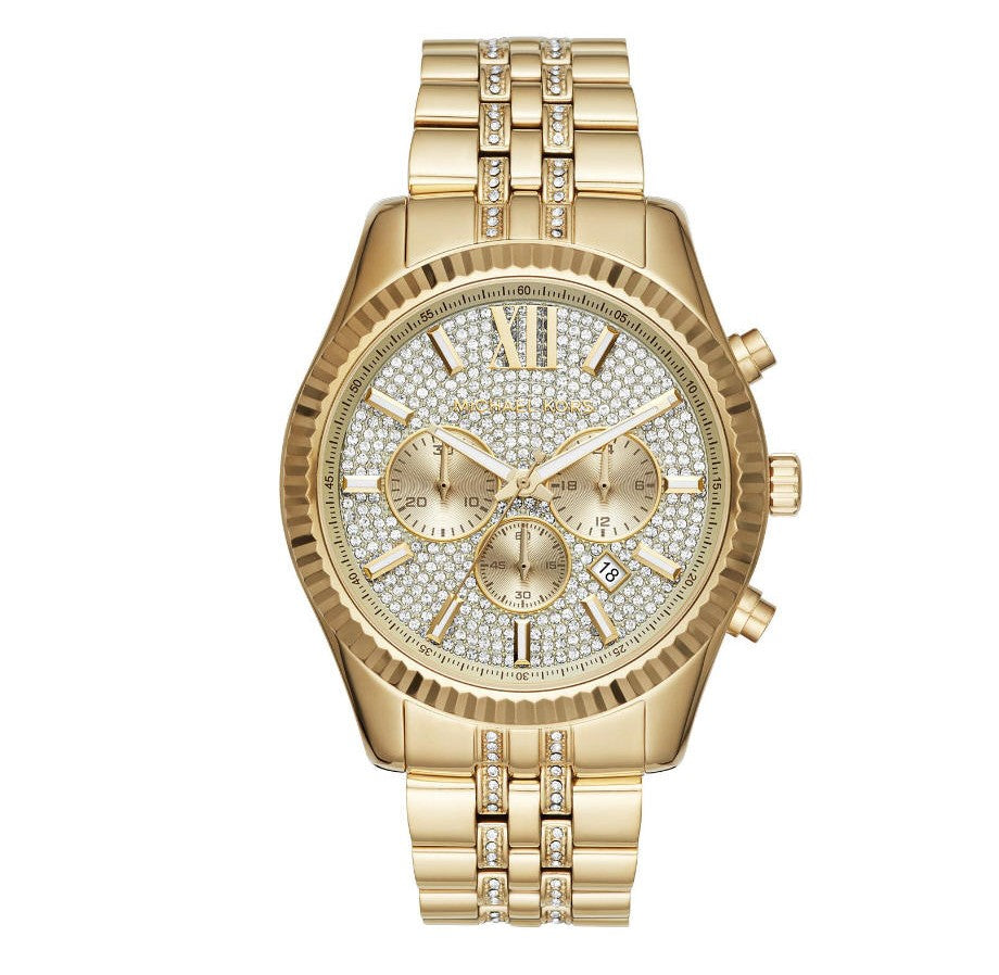 Michael Kors Lexington Chronograph Gold Dial Gold Steel Strap Watch For Men - MK8579