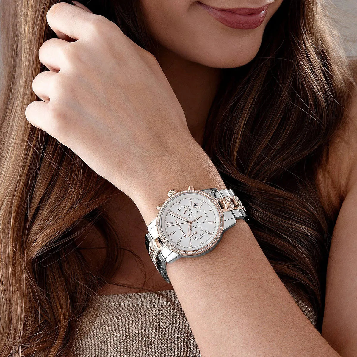 Michael Kors Ritz Chronograph Silver Dial Two Tone Steel Strap Watch For Women - MK6938
