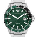 Emporio Armani Three Hand Green Dial Silver Steel Strap Watch For Men - AR11338