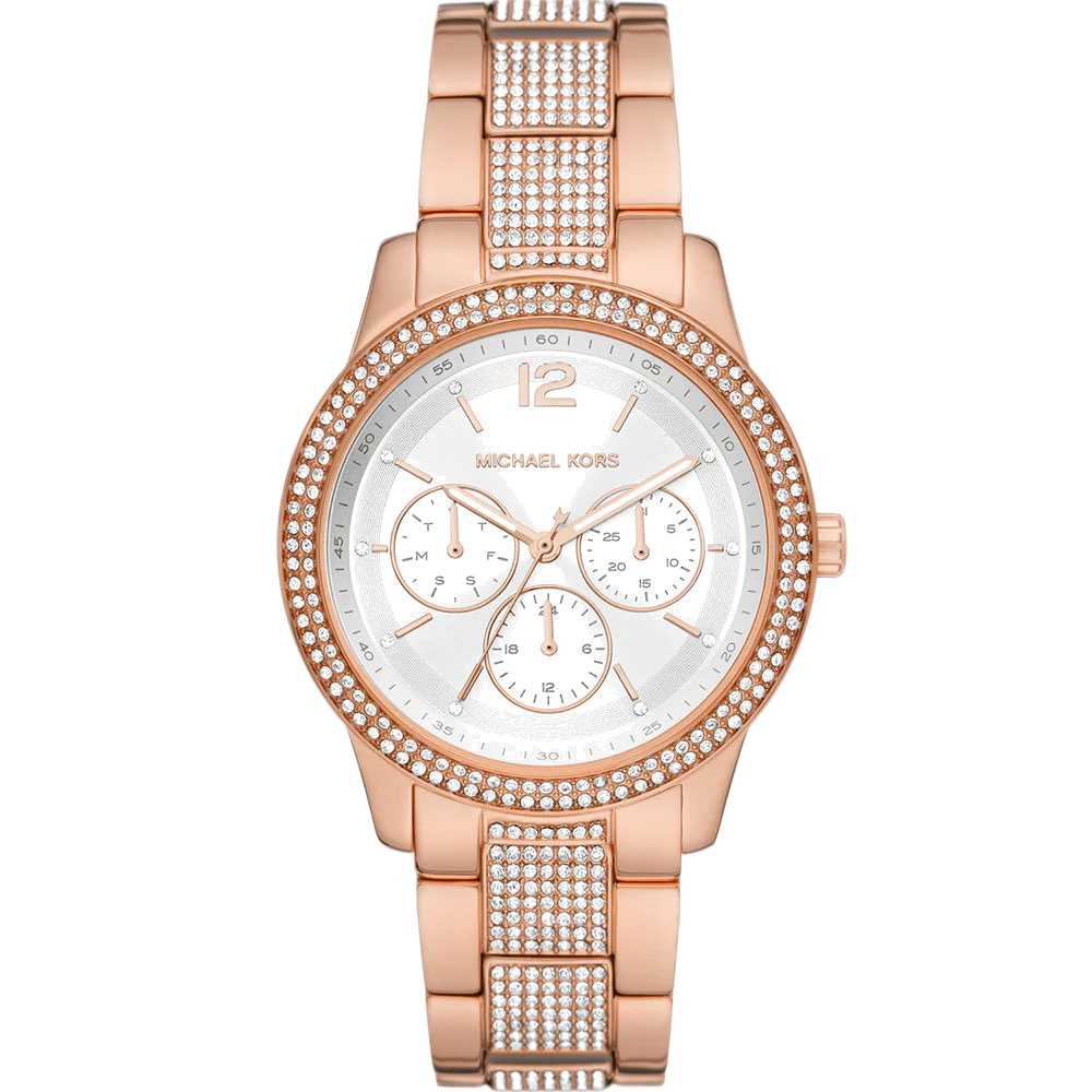 Michael Kors Tibby Chronograph White Dial Rose Gold Steel Strap Watch For Men - MK7293