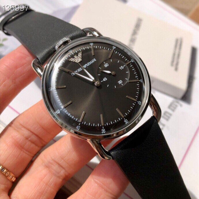 Emporio Armani Aviator Quartz Black Dial Black Leather Strap Watch For Men - AR11336