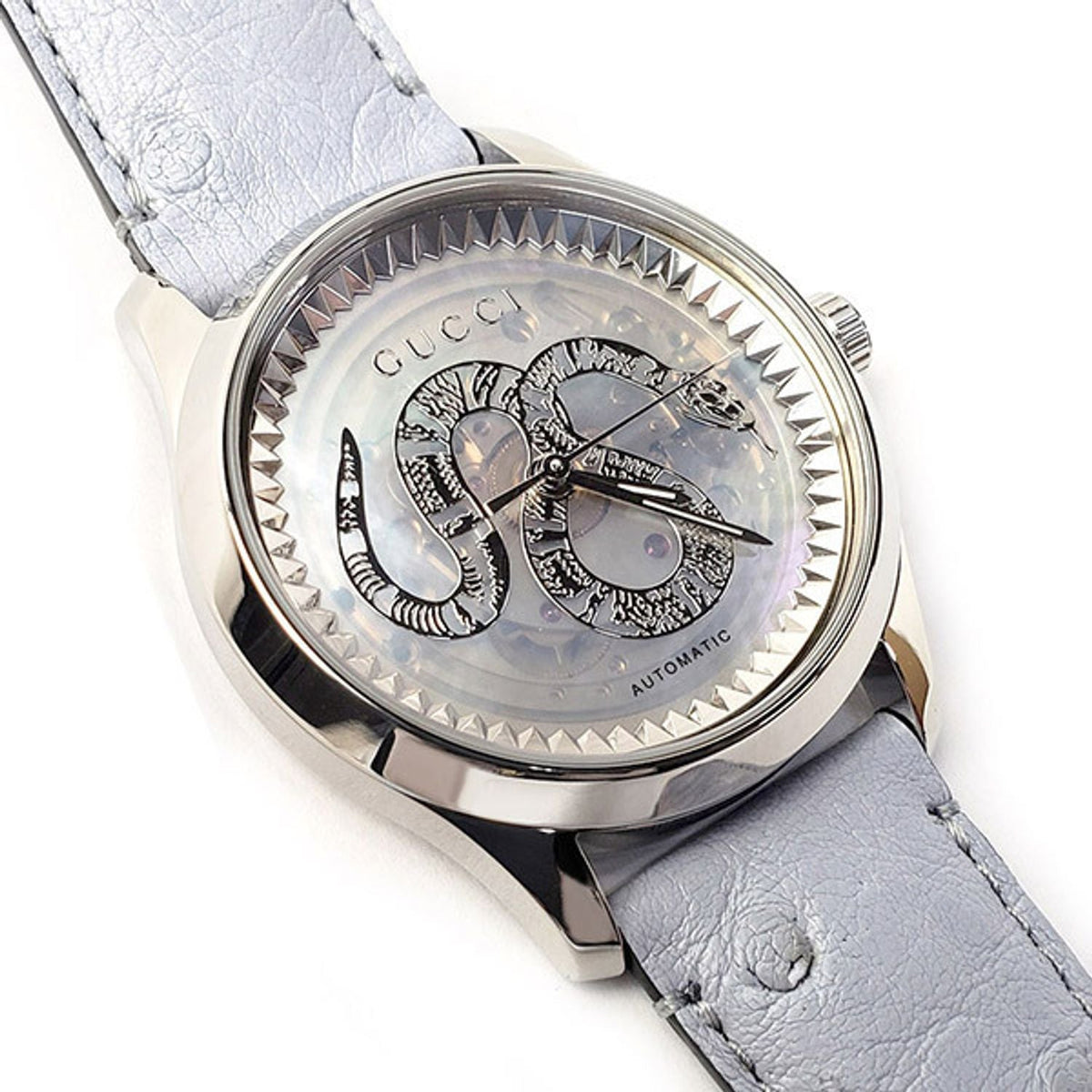 Gucci G Timeless Automatic Mother of Pearl Dial Blue Leather Strap Watch For Women - YA1264113