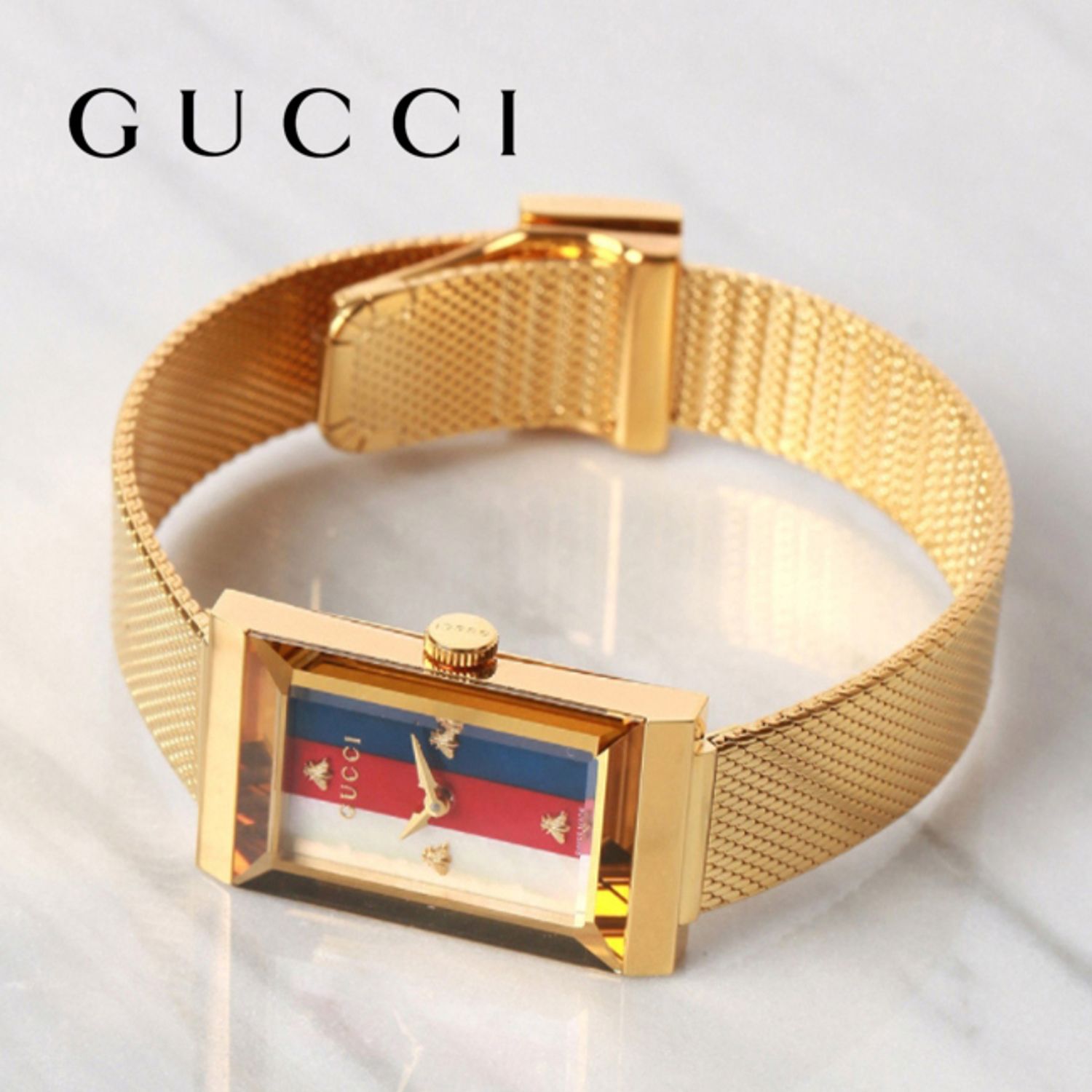 Gucci G-Frame Mother of Pearl Dial Yellow Gold Mesh Bracelet Watch For Women - YA147410