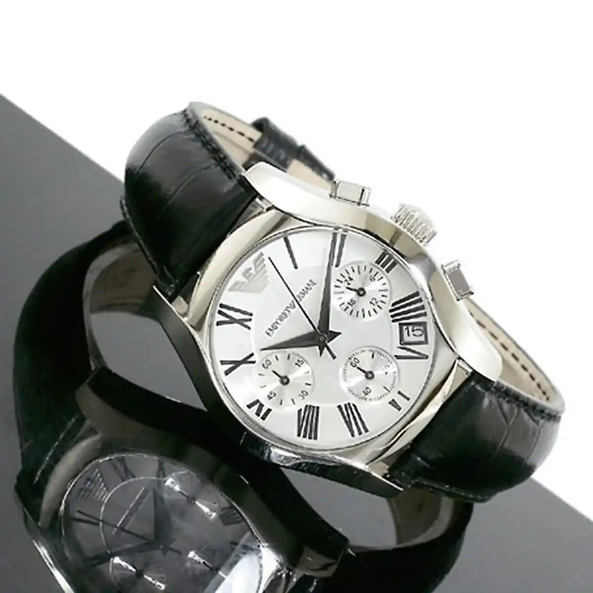 Emporio Armani Velente Silver Dial Black Leather Strap Watch for Women - AR0670