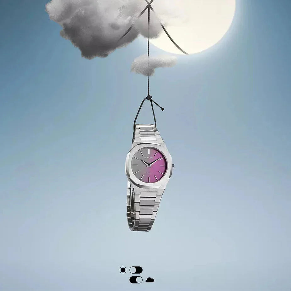 D1 Milano Ultra Thin Solar Sync Purple Dial Silver Steel Strap Watch for Women - D1-UTBL36