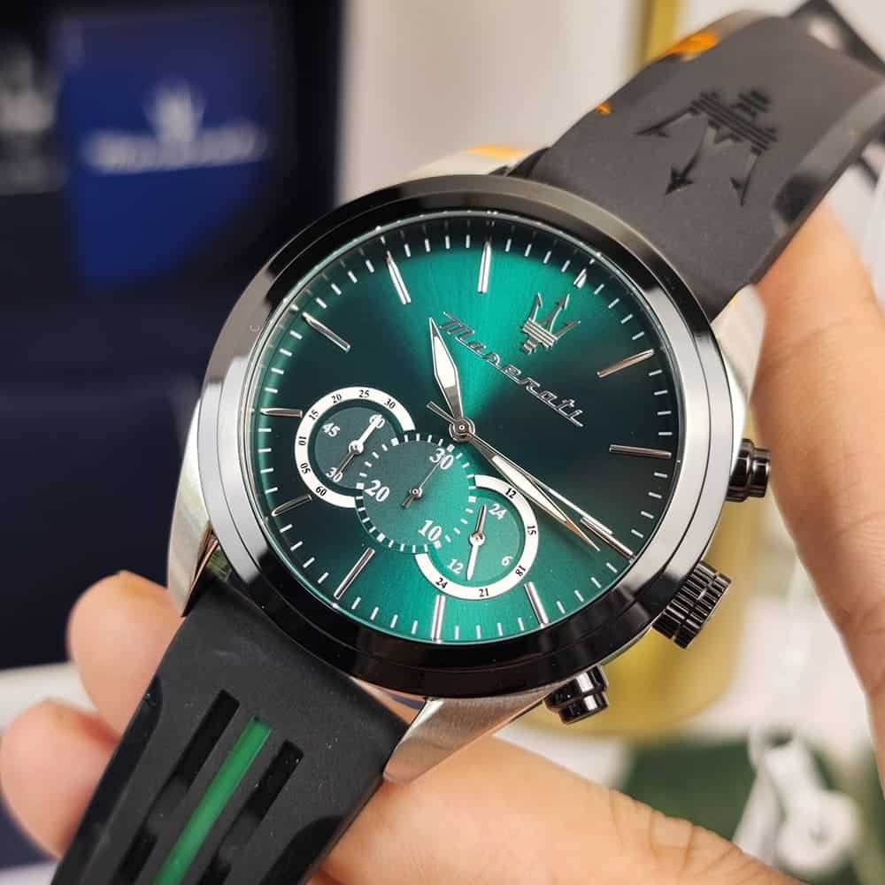 Maserati Traguardo Chronograph Green Dial Black Silicone Strap Watch For Men - R8871612043