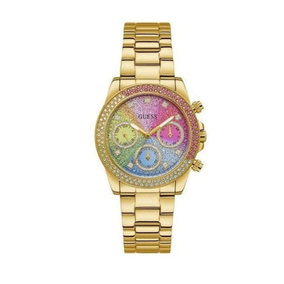 Guess Confetti Chronograph Rainbow Dial Gold Steel Strap Watch For Women  - GW0483L4