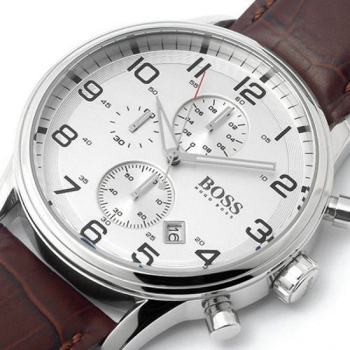 Hugo Boss Aeroliner Chronoraph White Dial Brown Leather Strap Watch For Men - HB1512447