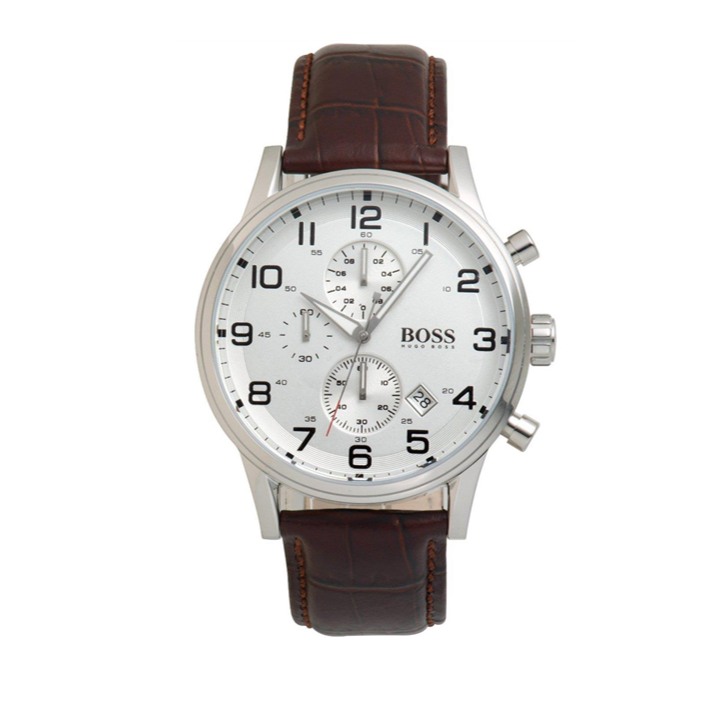 Hugo Boss Aeroliner Chronoraph White Dial Brown Leather Strap Watch For Men - HB1512447