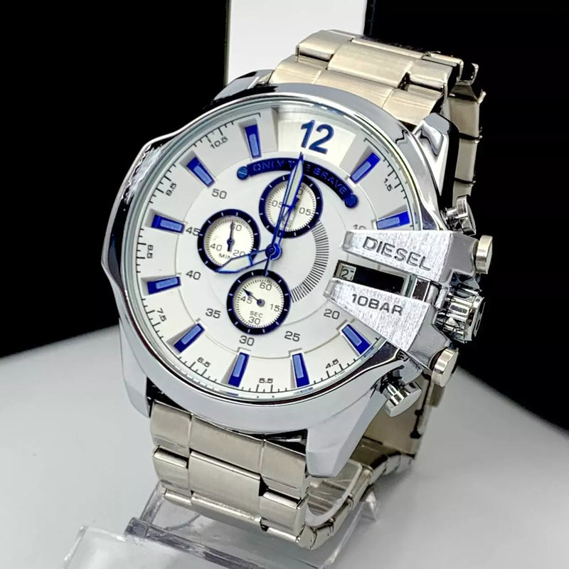 Diesel Mega Chief Chronograph White Dial Silver Steel Strap Watch For Men - DZ4477
