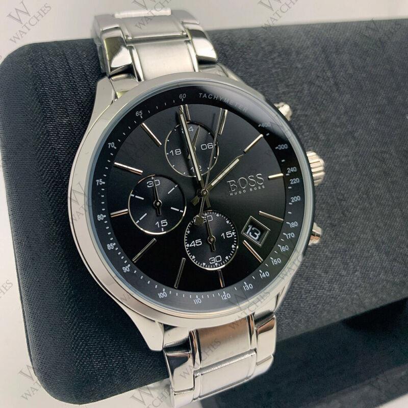 Hugo Boss Grand Prix Black Dial Silver Steel Strap Watch for Men - 1513477