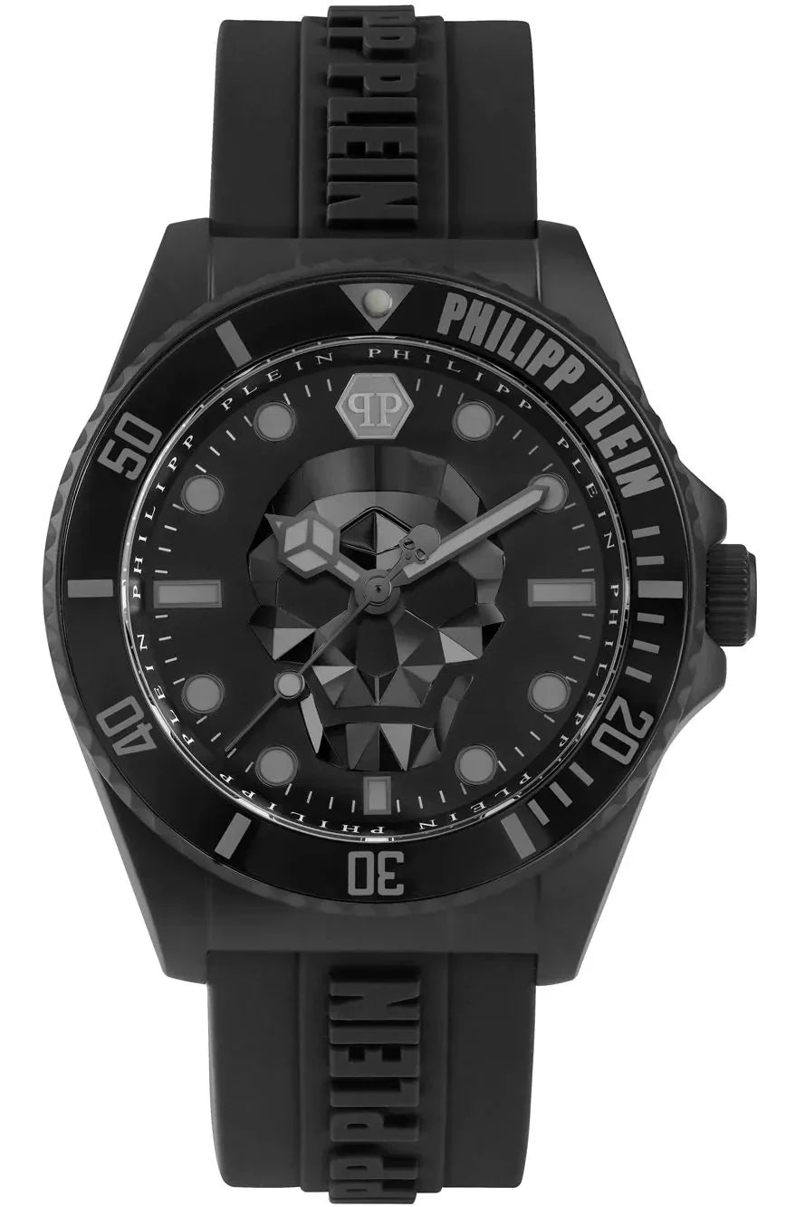 Philipp Plein The $kull Diver Black Dial Black Silicone Strap Watch For Men- PWOAA0922