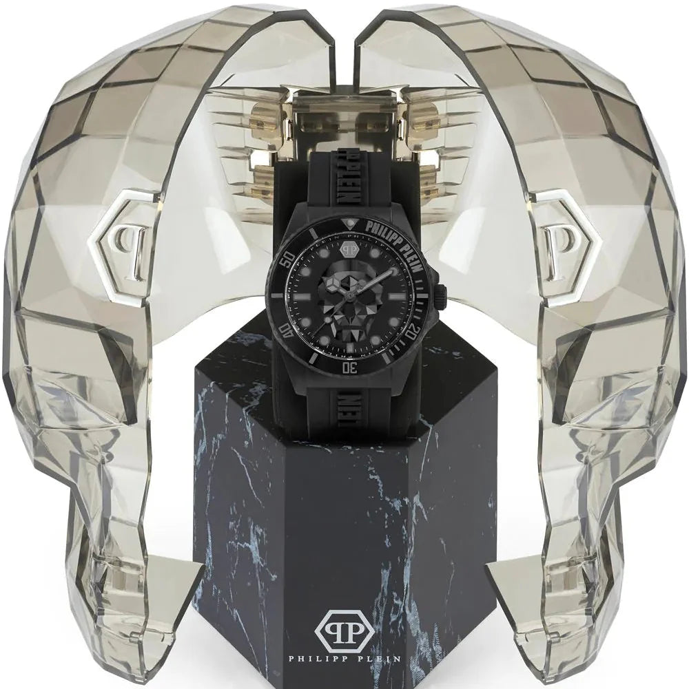 Philipp Plein The $kull Diver Black Dial Black Silicone Strap Watch For Men- PWOAA0922