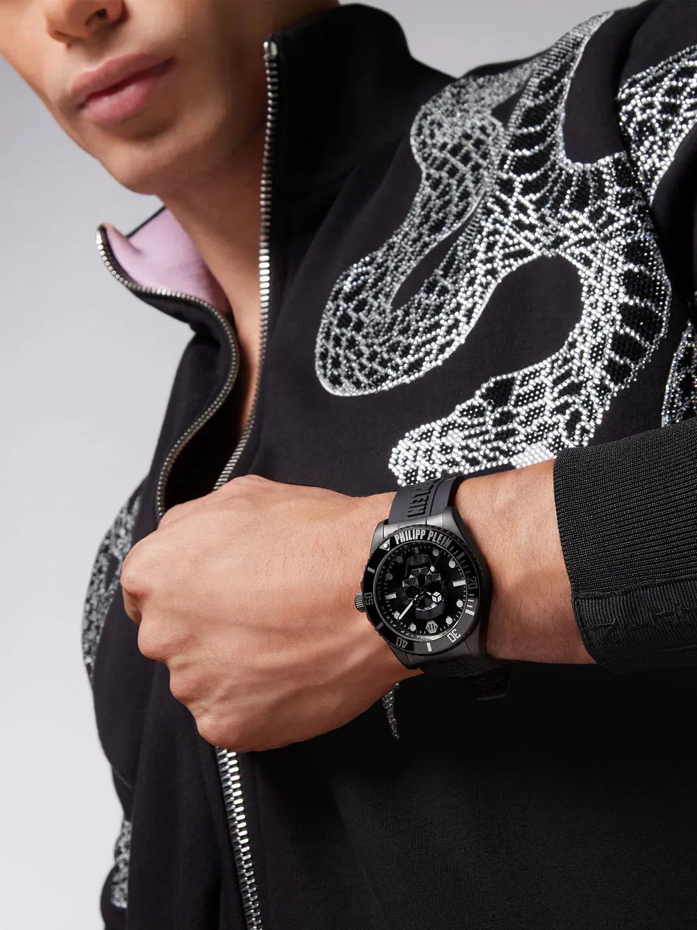 Philipp Plein The $kull Diver Black Dial Black Silicone Strap Watch For Men- PWOAA0922