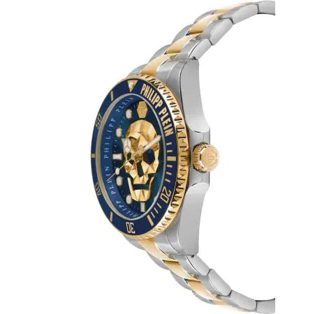 Philipp Plein The $kull Diver Blue Dial Silver With Gold Stainless Steel Strap Watch For Men- PWOAA0722