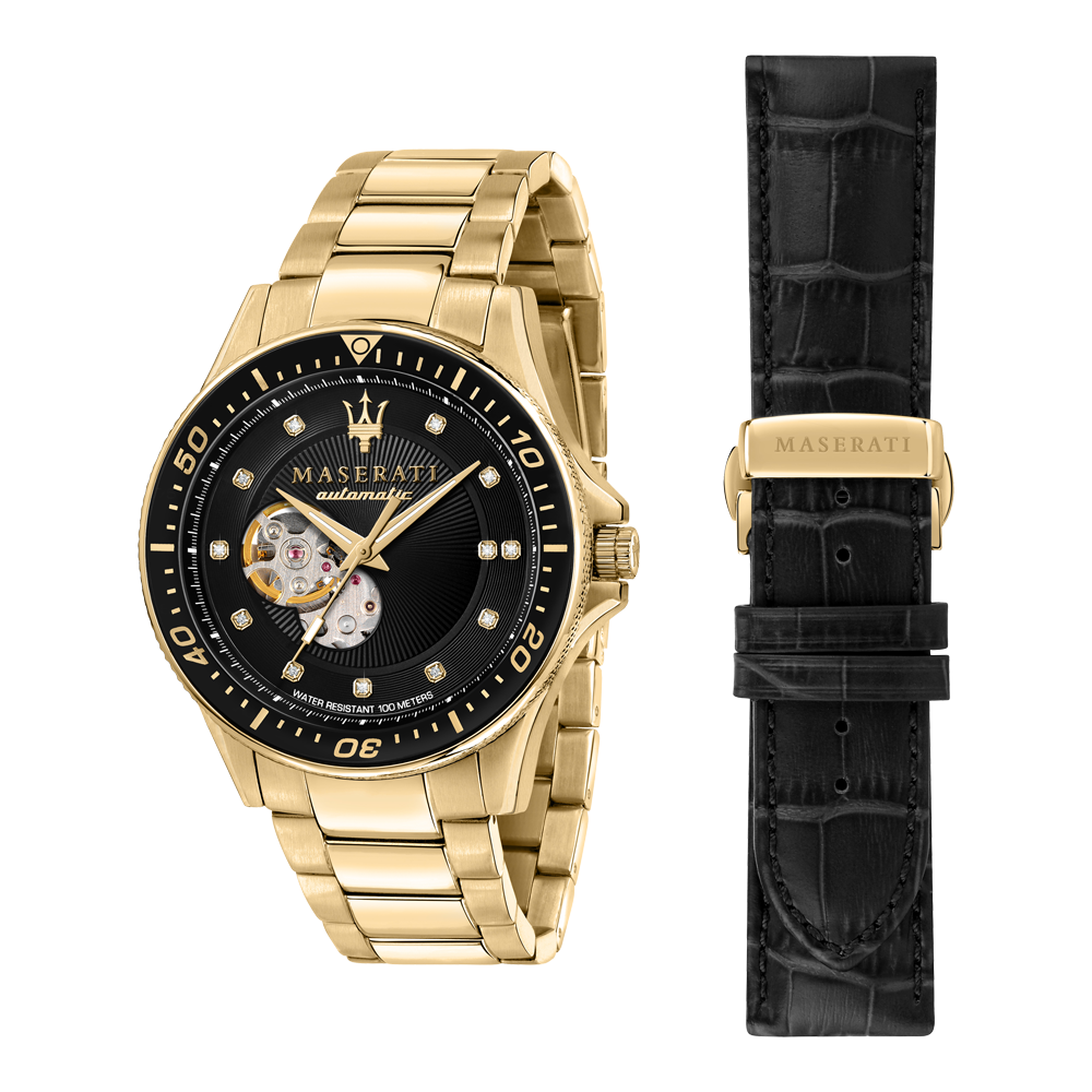 Maserati SFIDA Black Dial Yellow Gold Toned Watch For Men - R8823140003