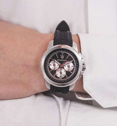Maserati SFIDA Chronograph Black Silver Dial Black Rubber Strap Watch For Men - R8851123001