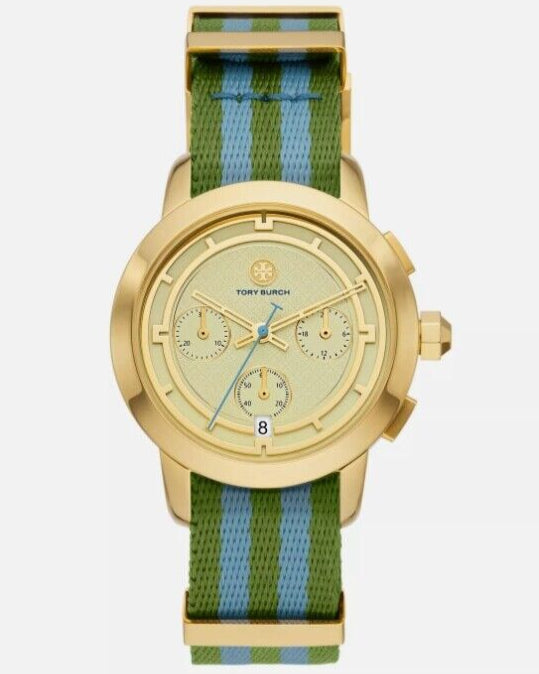 Tory Burch The Tory Chronograph White Dial Two Tone NATO Strap Watch for Women - TBW1037