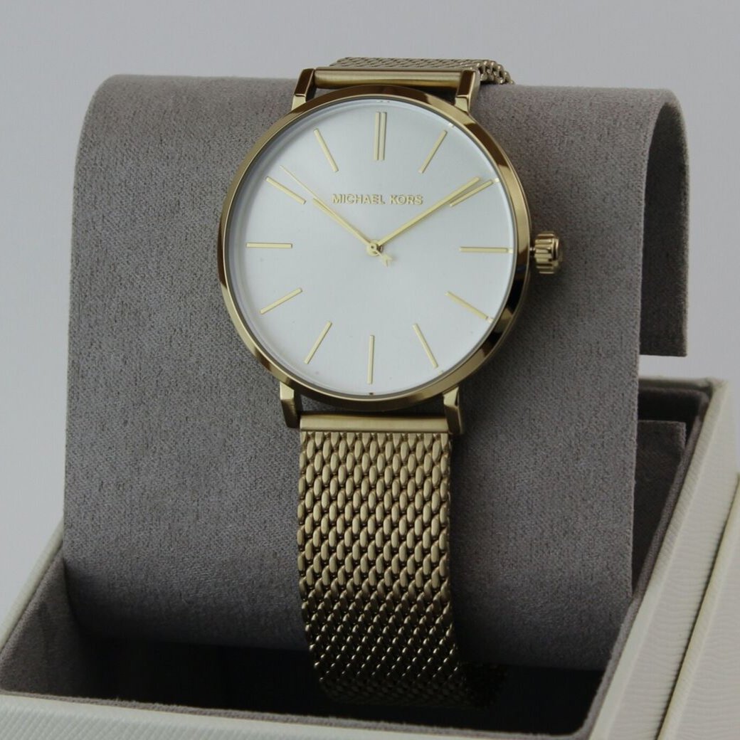 Michael Kors Auden Three Hand White Dial Gold Mesh Strap Watch for Women - MK7150