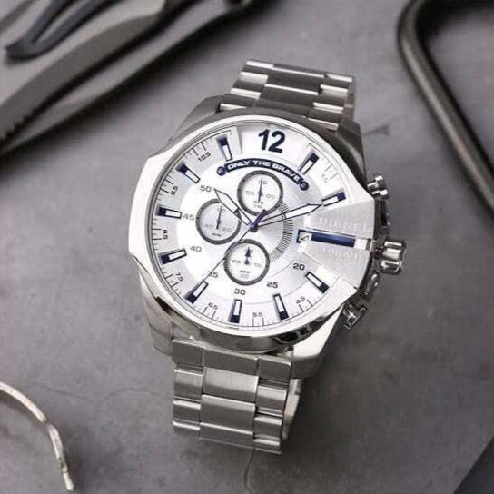 Diesel Mega Chief Chronograph White Dial Silver Steel Strap Watch For Men - DZ4477