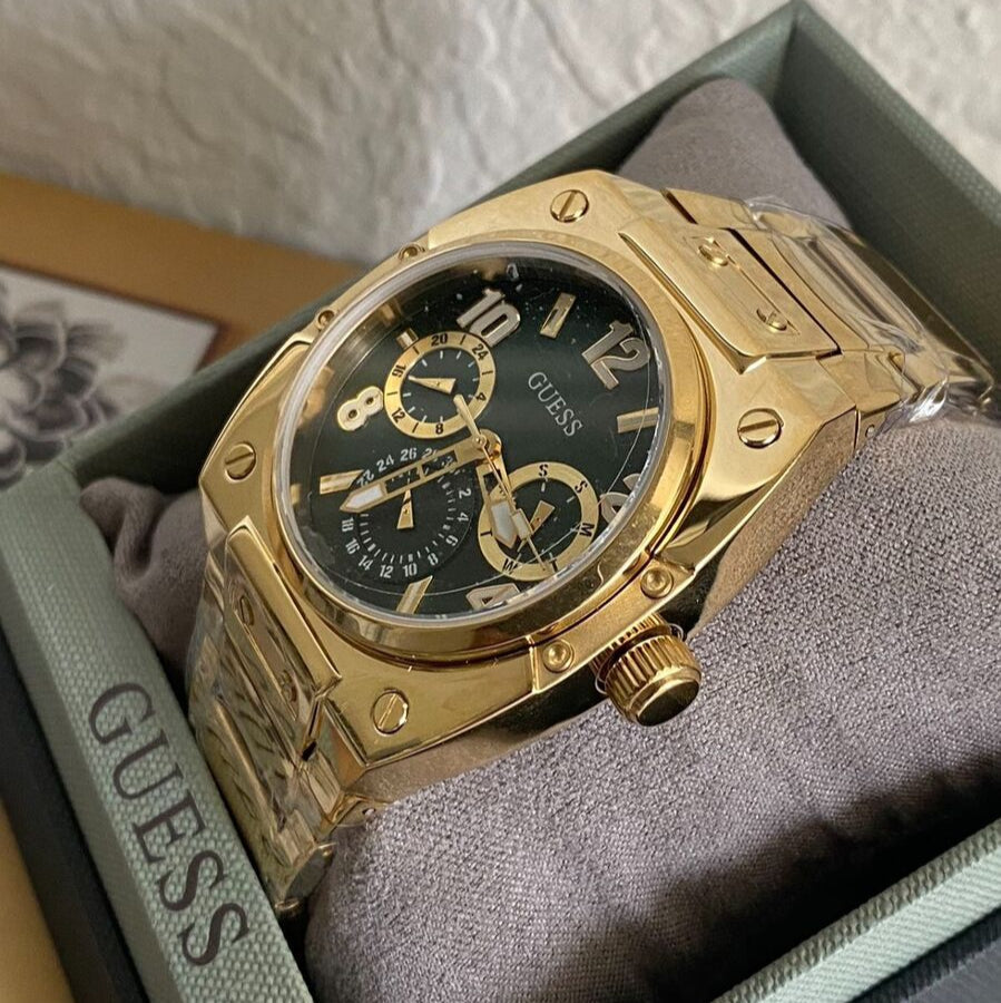 Guess Trend Analog Green Dial Gold Steel Strap Watch For Men - GW0624G2