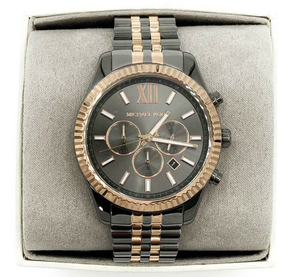 Michael Kors Lexington Chronograph Black Dial Two Tone Steel Strap Watch for Men - MK8561