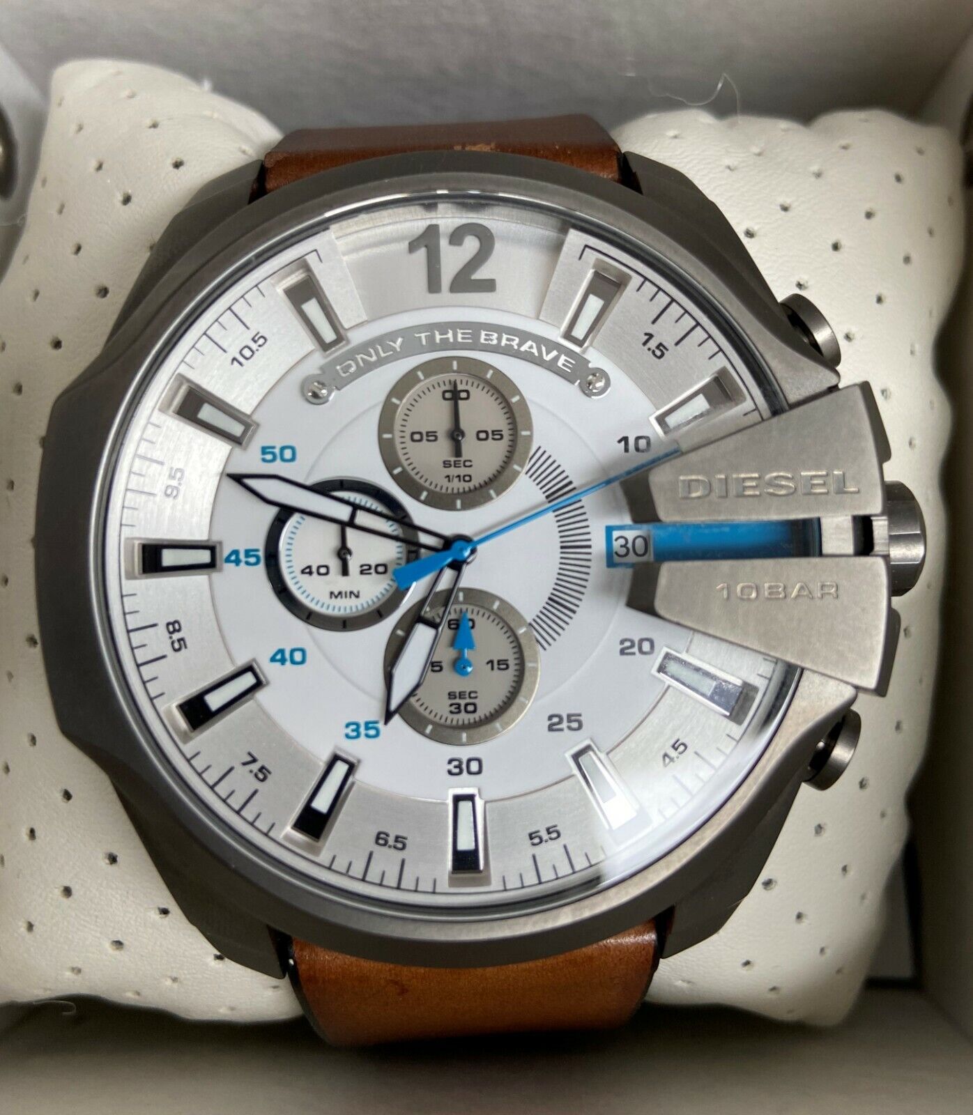 Diesel Mega Chief Chronograph White Dial Brown Leather Strap Watch For Men - DZ4280