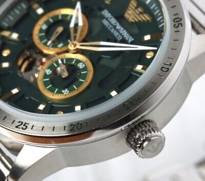 Emporio Armani Meccanico Chronograph Automatic Green Dial Silver Steel Strap Watch For Men - AR60053