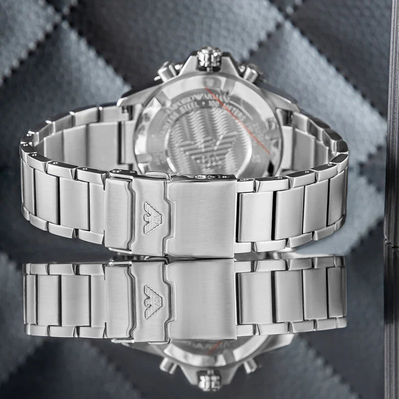 Emporio Armani World Explorer Black Dial Silver Steel Strap Watch for Men - AR11739