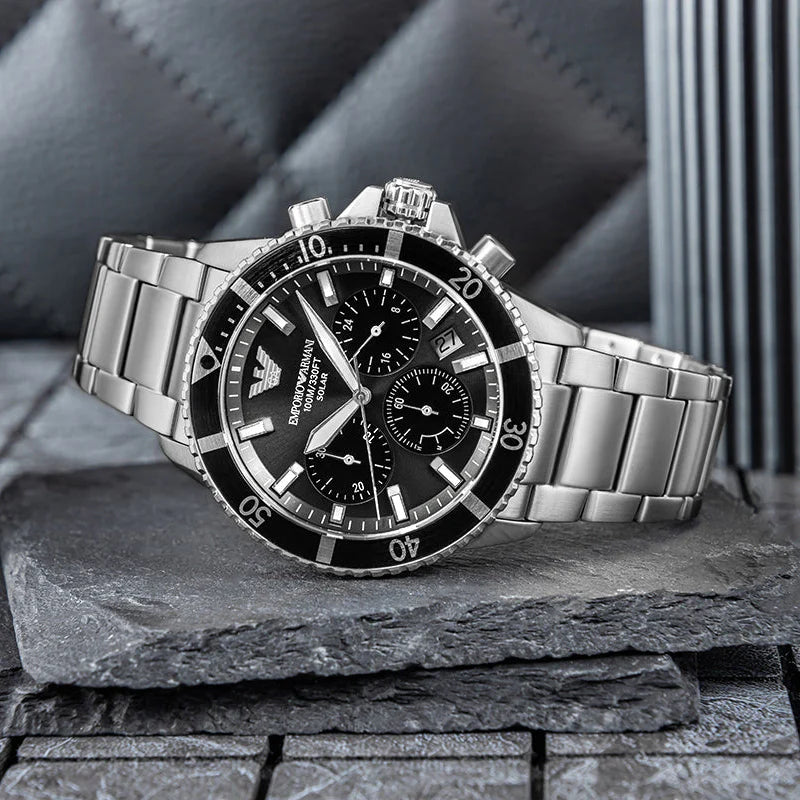 Emporio Armani World Explorer Black Dial Silver Steel Strap Watch for Men - AR11739