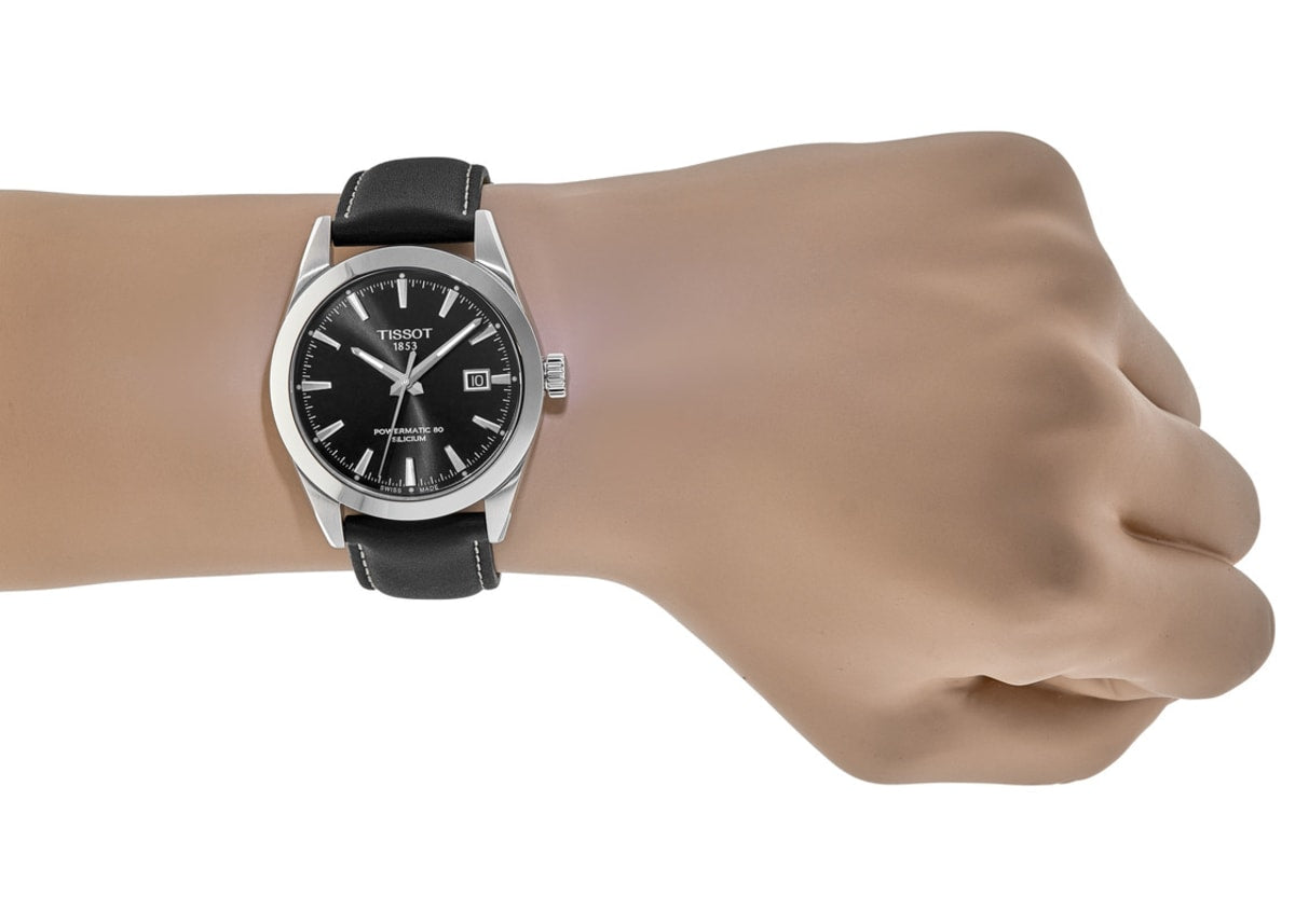 Tissot Gentleman Powermatic 80 Silicium Black Dial Black Leather Strap Watch For Men - T127.407.16.051.00
