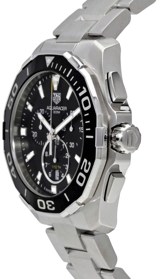 Tag Heuer Aquaracer Quartz Chronograph Black Dial Silver Steel Strap Watch for Men - CAY111A.BA0927
