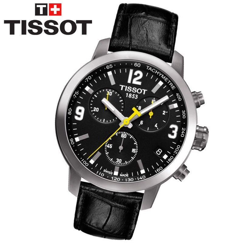 Tissot PRC 200 Chronograph Black Dial Black Leather Strap Watch For Men - T055.417.16.057.00
