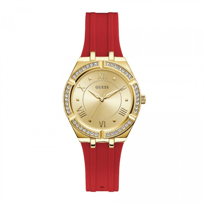 Guess Cosmo Diamonds Gold Dial Red Rubber Strap Watch for Women - GW0034L6