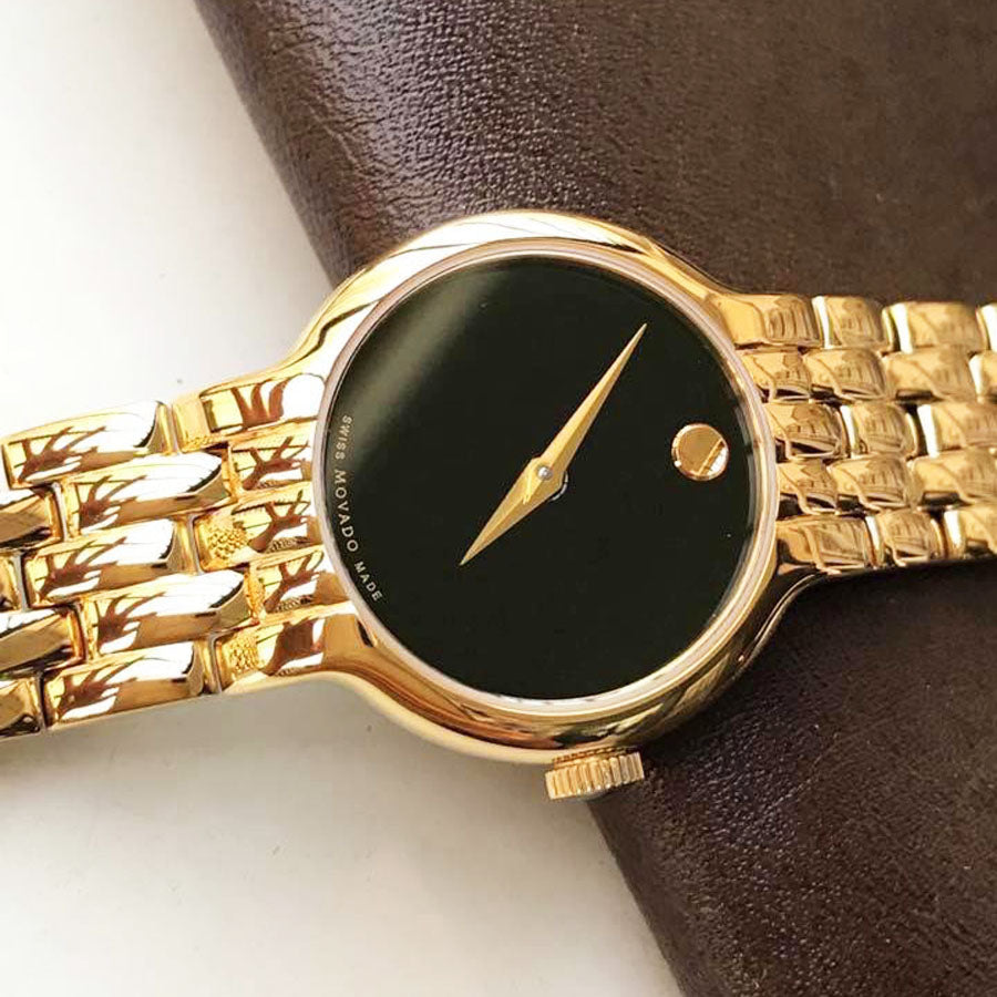 Movado Veturi Black Dial Gold Steel Strap Watch for Women - 0606935