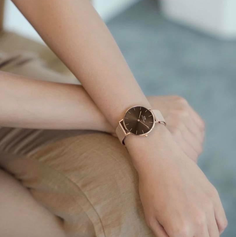 Daniel Wellington Petite Melrose Brown Dial Rose Gold Mesh Strap Watch For Women - DW00100477