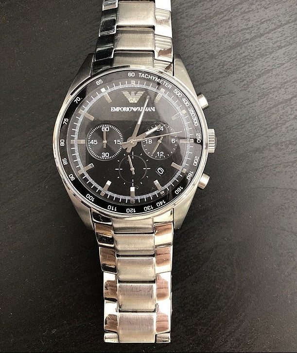 Emporio Armani Tazio Chronograph Black Dial Silver Steel Strap Watch for Men - AR5980