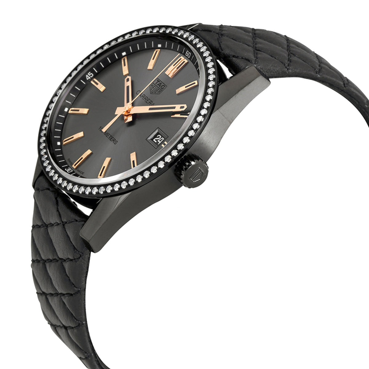 Tag Heuer Carrera Diamonds Anthracite Black Dial Black Leather Strap Watch for Women - WAR1115.FC6392