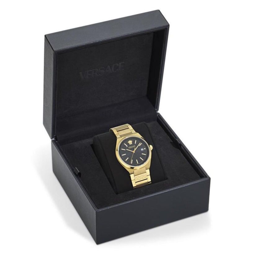 Versace V-Auria Quartz Black Dial Gold Steel Strap Watch for Men - VE0F00525