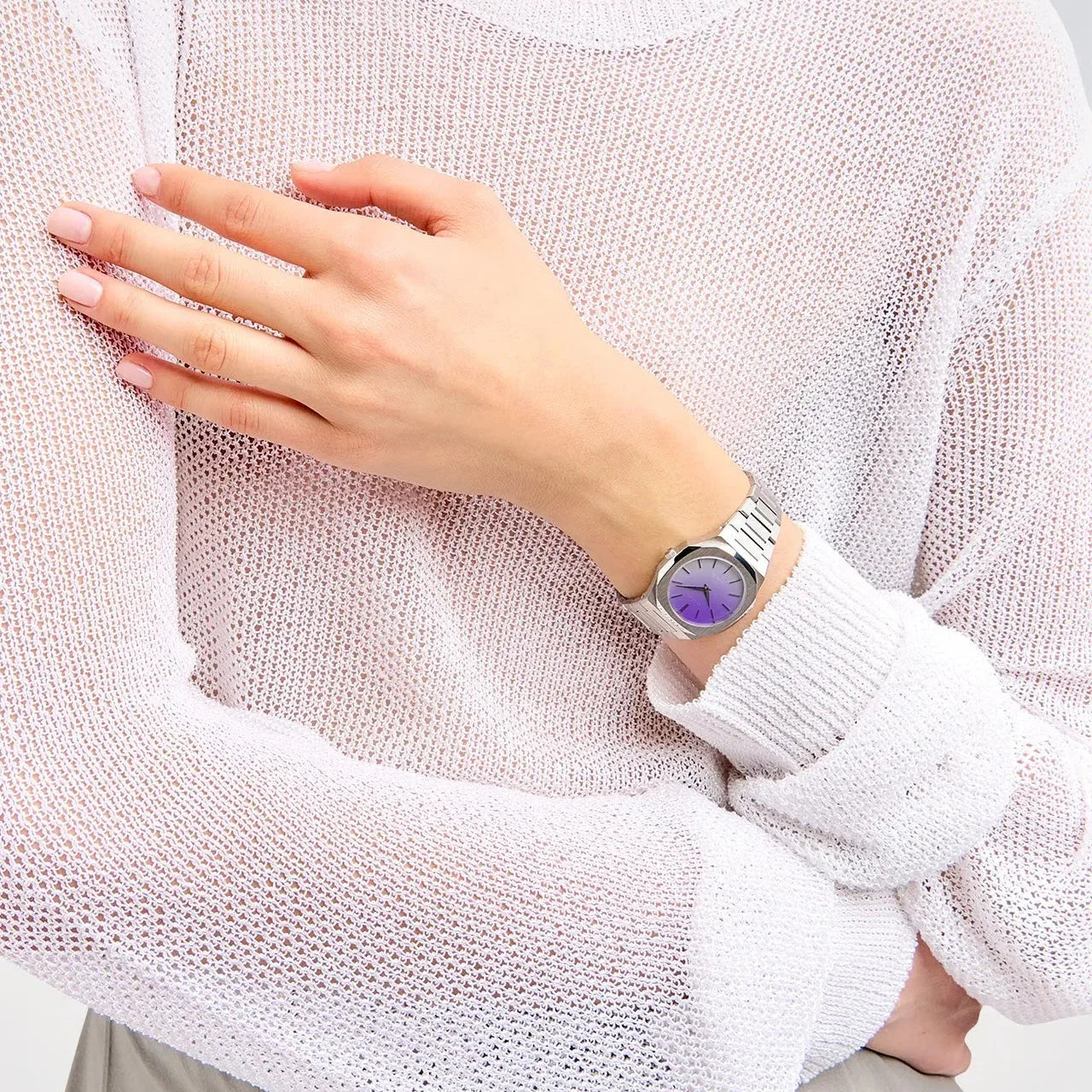 D1 Milano Ultra Thin Solar Sync Purple Dial Silver Steel Strap Watch for Women - D1-UTBL36