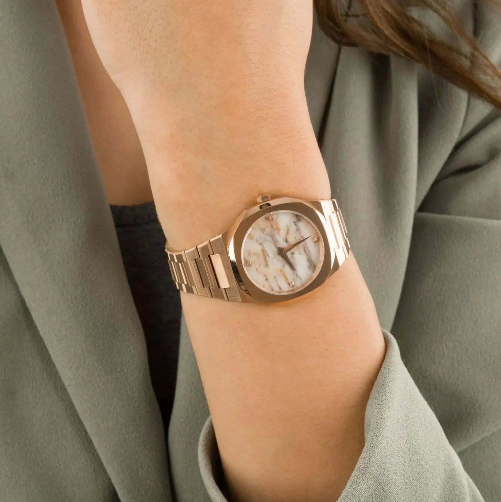 D1 Milano Ultra Thin Marble Dial Rose Gold Steel Strap Watch for Women - D1-UTBL14