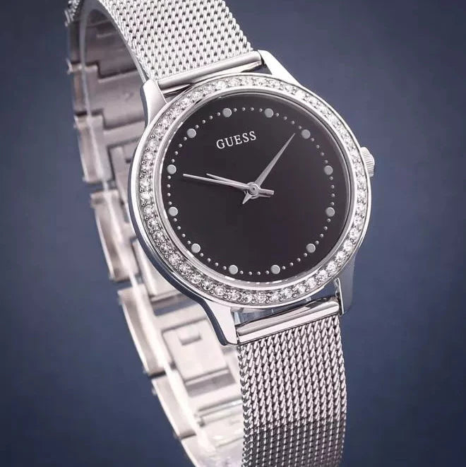 Guess Chelsea Crystals Black Dial Silver Mesh Bracelet Watch For Women  - W0647L5